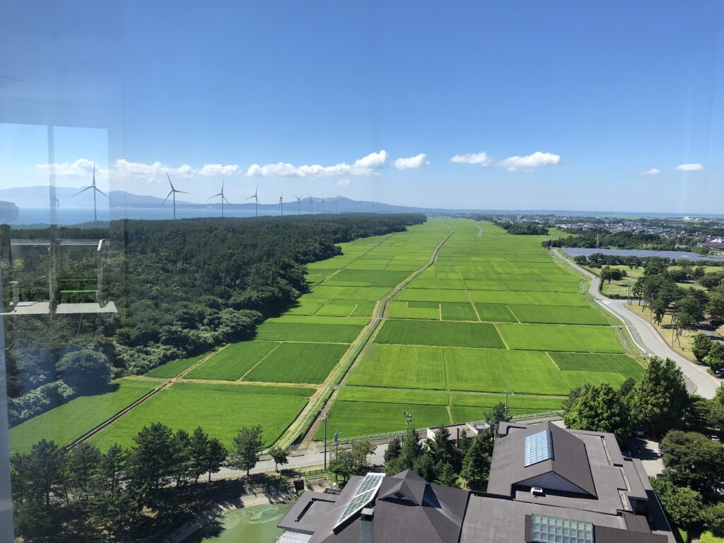 秋田県の道の駅てんのうにある無料展望台スカイタワーからの眺め